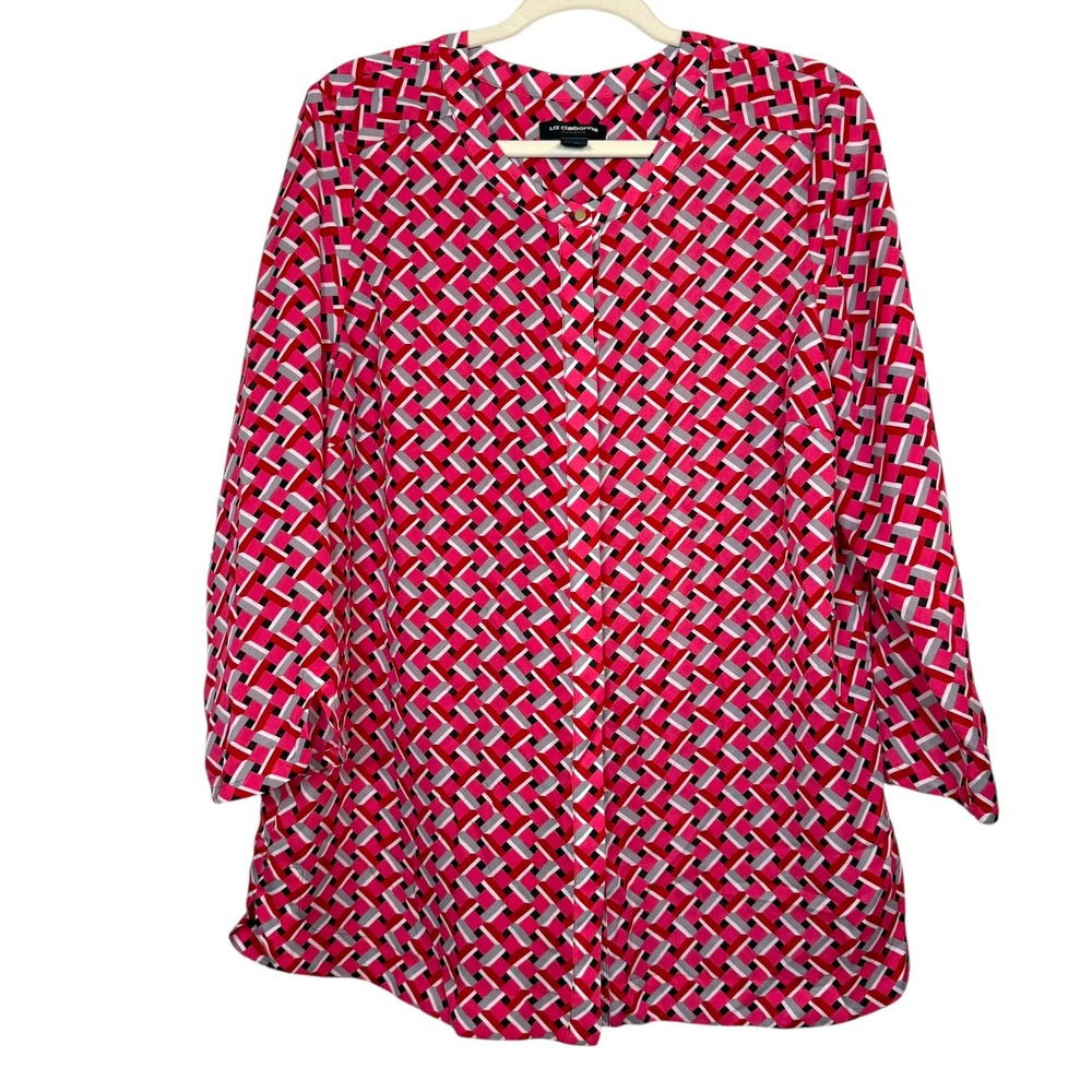 Liz‎ Claiborne Career Women's 3/4 Sleeve Button Down Geometric Print Top L Tall